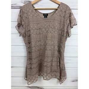 Shannon Ford New York Women's‎ 1X Beige Lace Overlay Short Sleeve V Neck Top